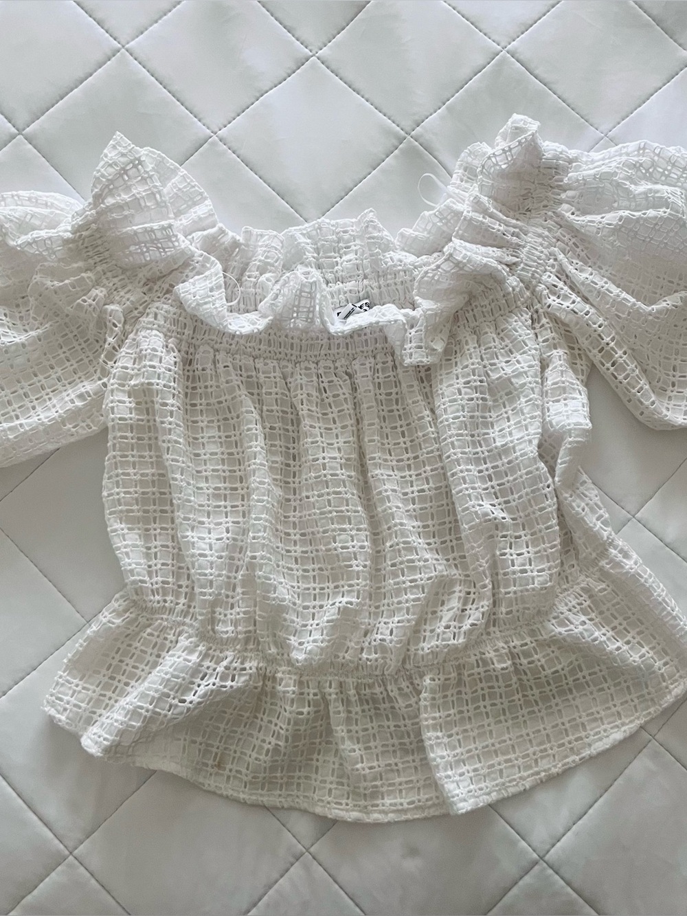 Express Eyelet Off the Shoulder Puff Sleeve Blouse ☁️🤍✨